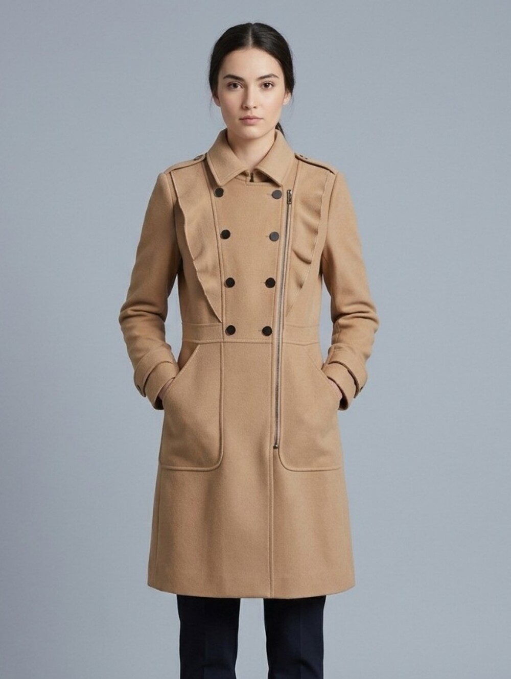 BCBGMAXAZRIA Fayette Raffle Trench Coat Zip Up Double Breasted Sand Tan XS